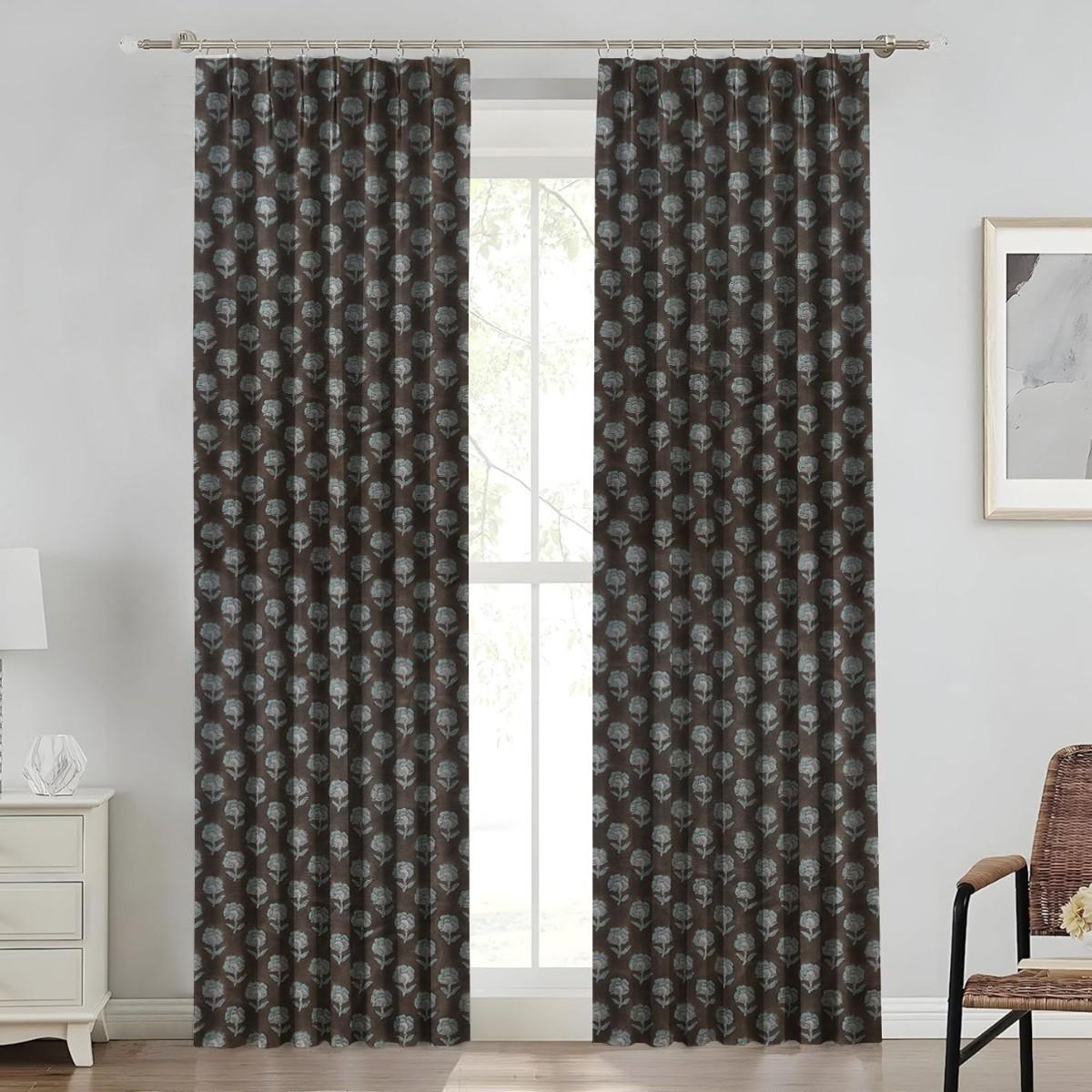 Floral Block Print Pure Linen Pleated Curtain - Rohini