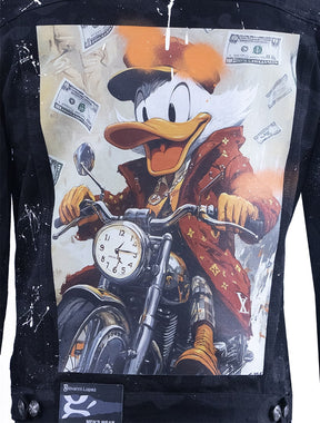 Black denim jacket with cartoon print