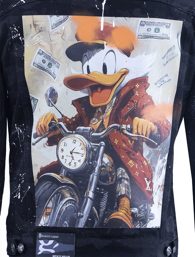 Black denim jacket with cartoon print