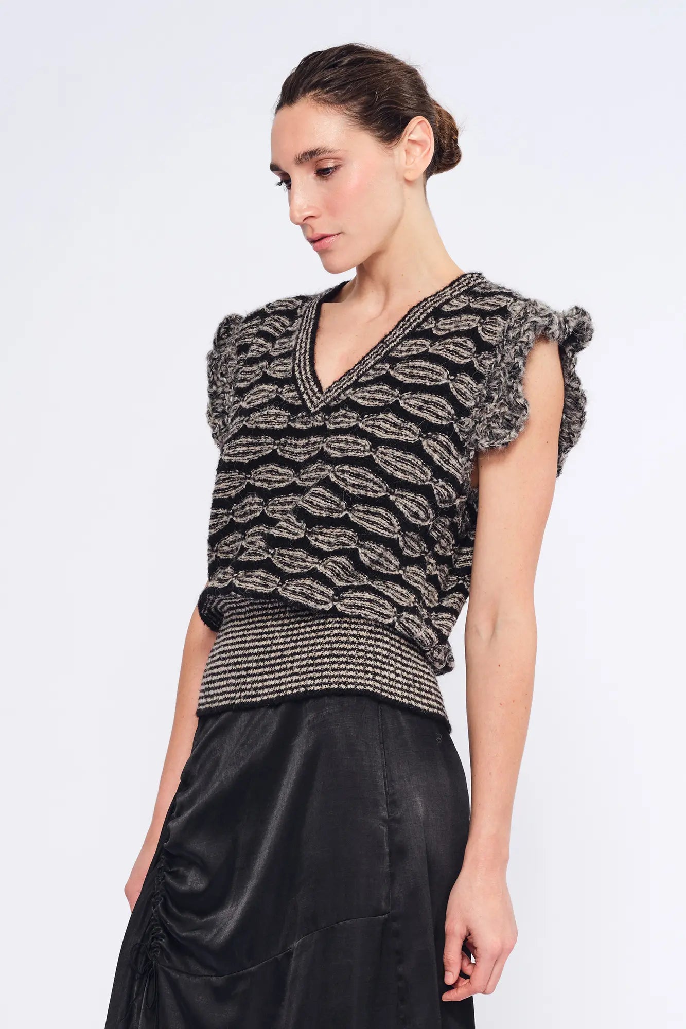 Beca Crochet Sleeve Alpaca Vest | Black Melange