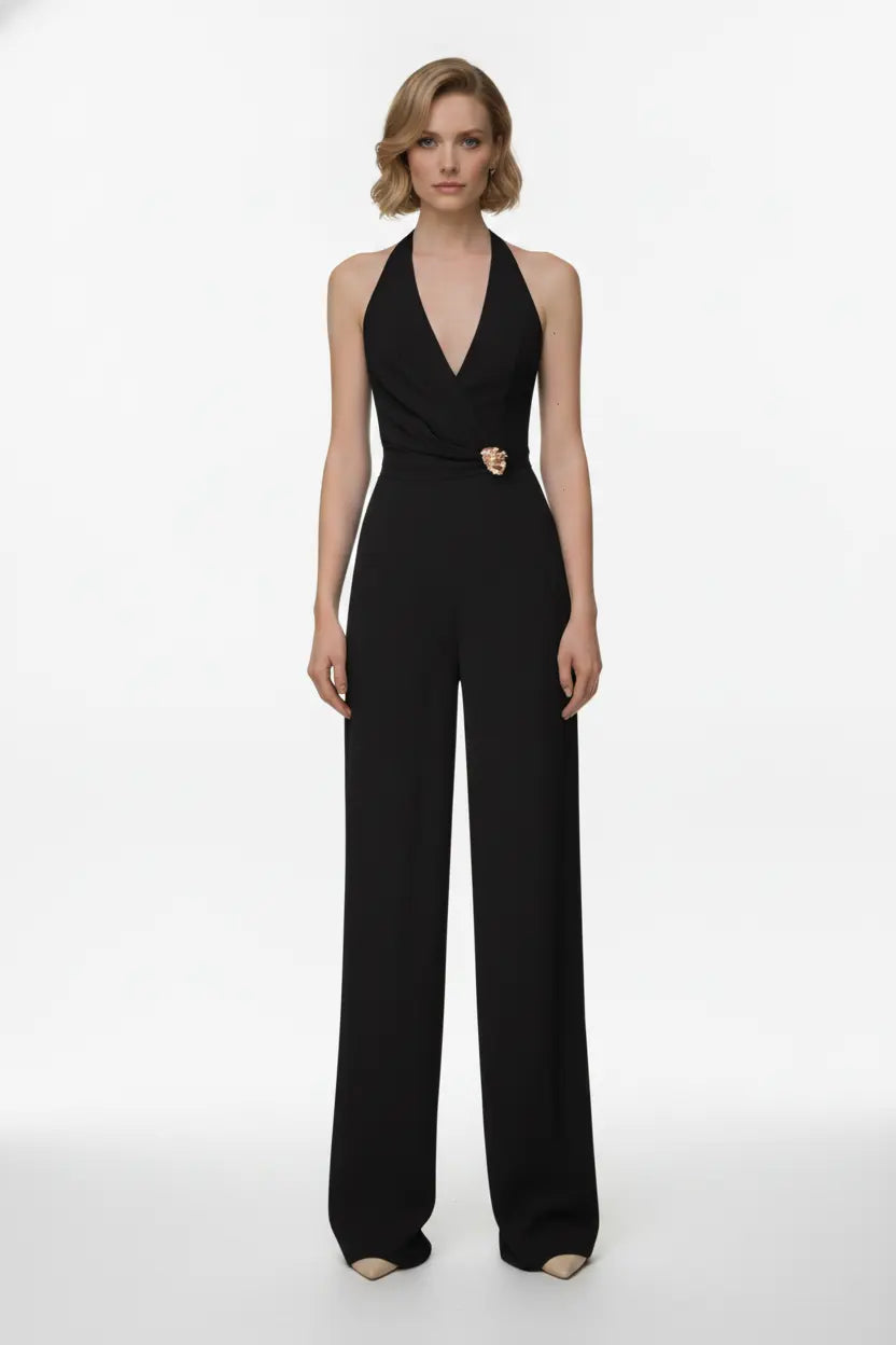 Black Halter Jumpsuit – Gold Brooch