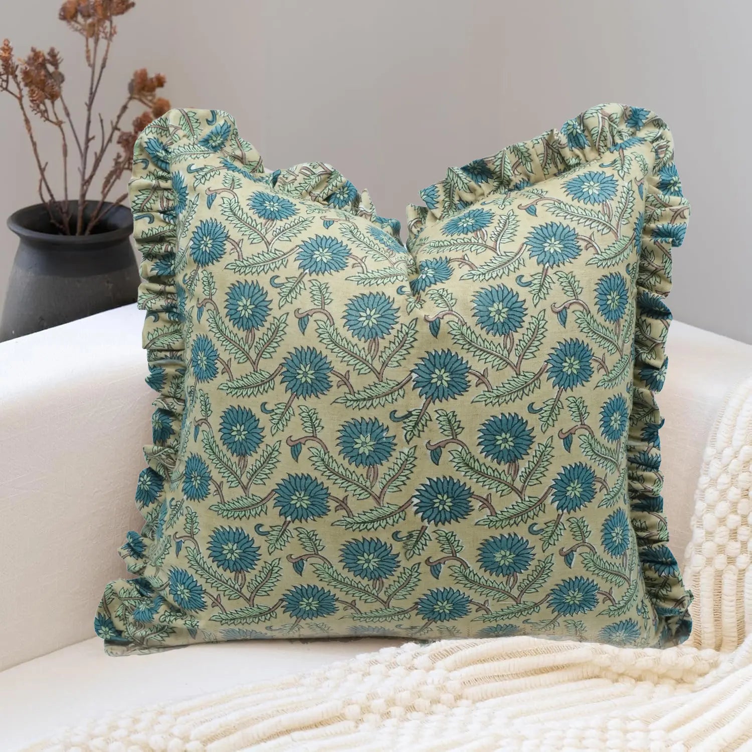 Handmade Blue Floral Block Print Linen Blend Pillow Cover - Swarna