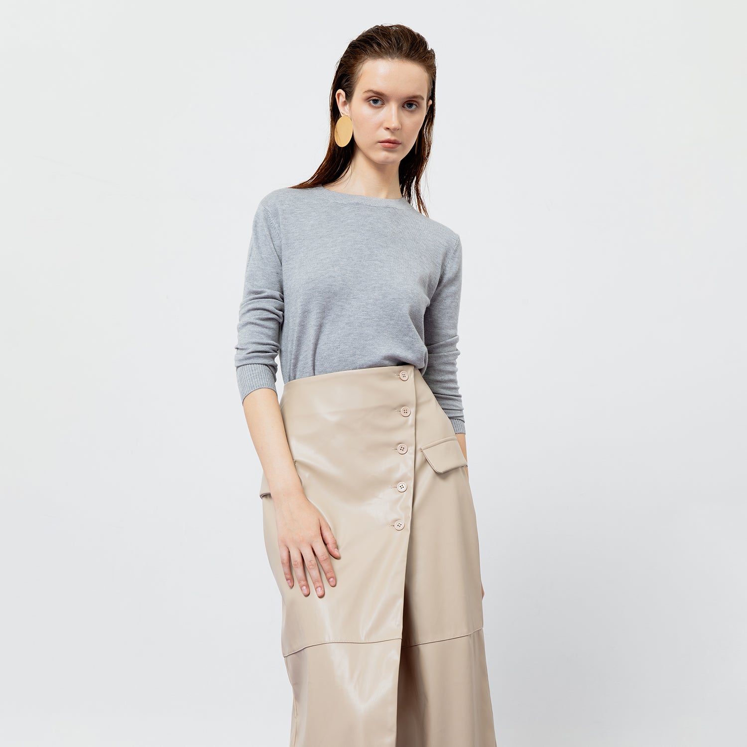 BEATRIX CREME FAUX LEATHER MIDI SKIRT