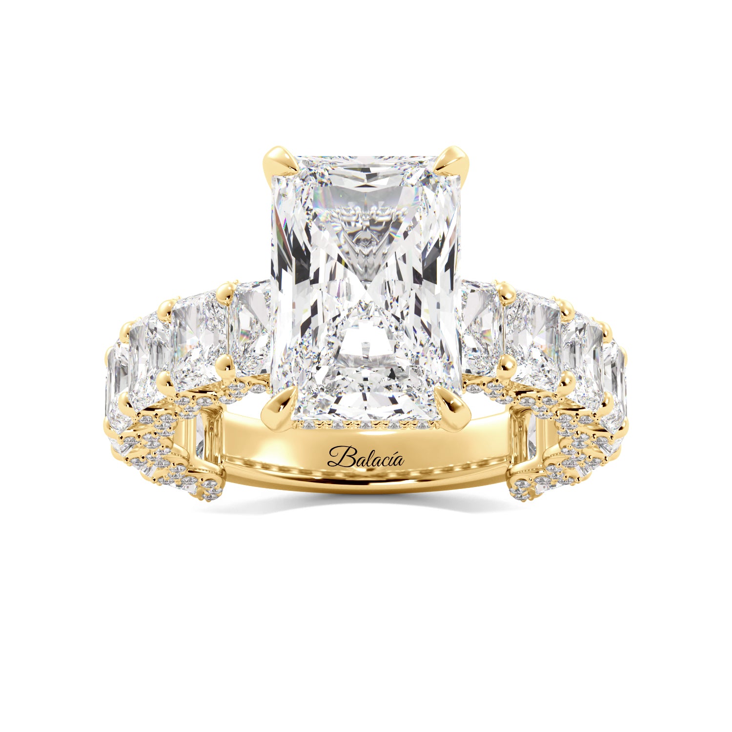 Radiant Cut Iced Out Engagement Ring With Radiant Cut Side Diamonds