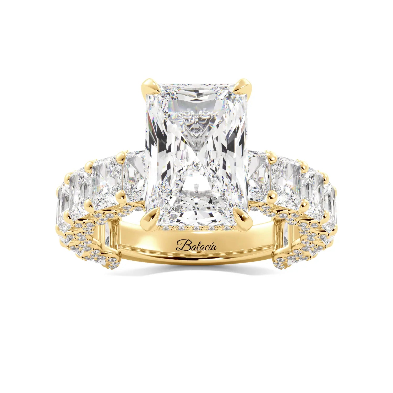 Radiant Cut Iced Out Engagement Ring With Radiant Cut Side Diamonds