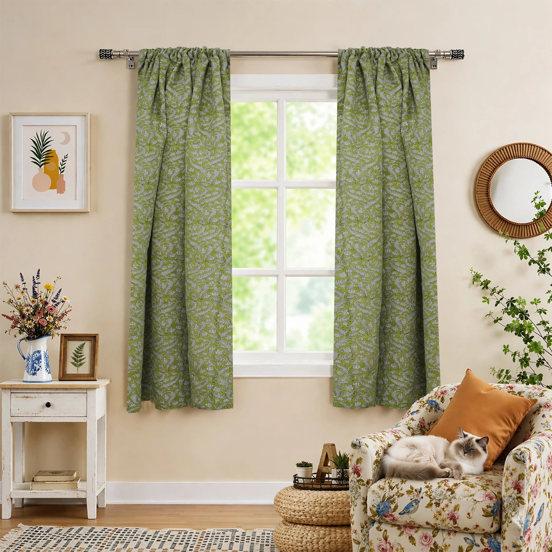 Floral Block Print Rod Pocket Linen Curtain