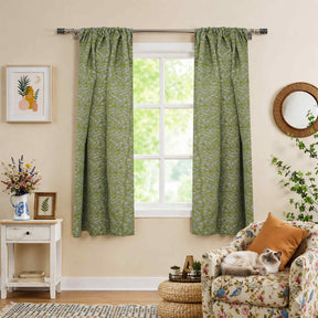 Floral Block Print Rod Pocket Green Pure Linen Curtain  - Black Forest