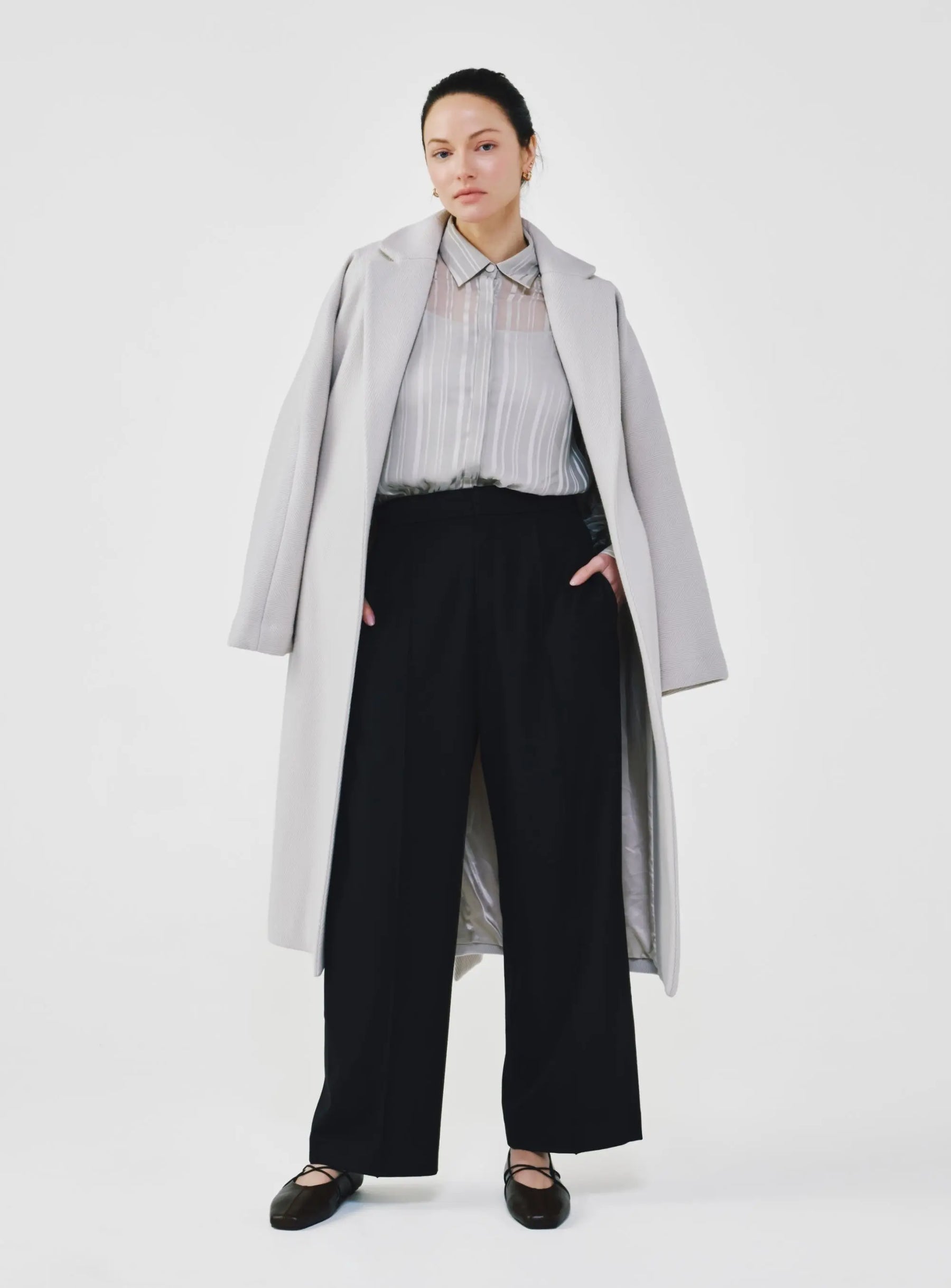Herringbone Virgin Wool Wrap Coat
