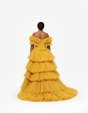 Aurelia Golden Tiered Tulle Off-the shoulder Gown