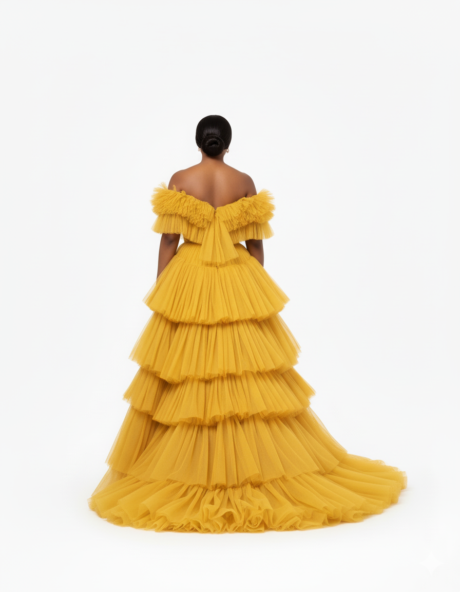 Aurelia Golden Tiered Tulle Off-the shoulder Gown