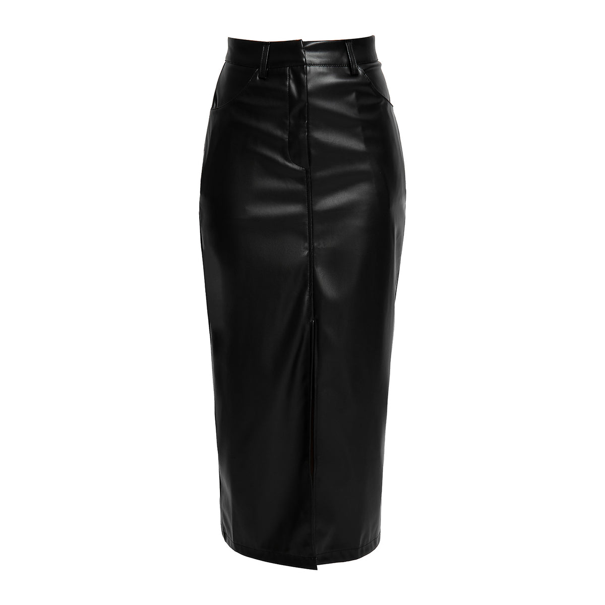 DAHLIA BLACK FAUX LEATHER MIDI SKIRT