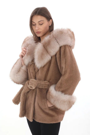 Natural Tan Fox Fur Coat with Belted Waist