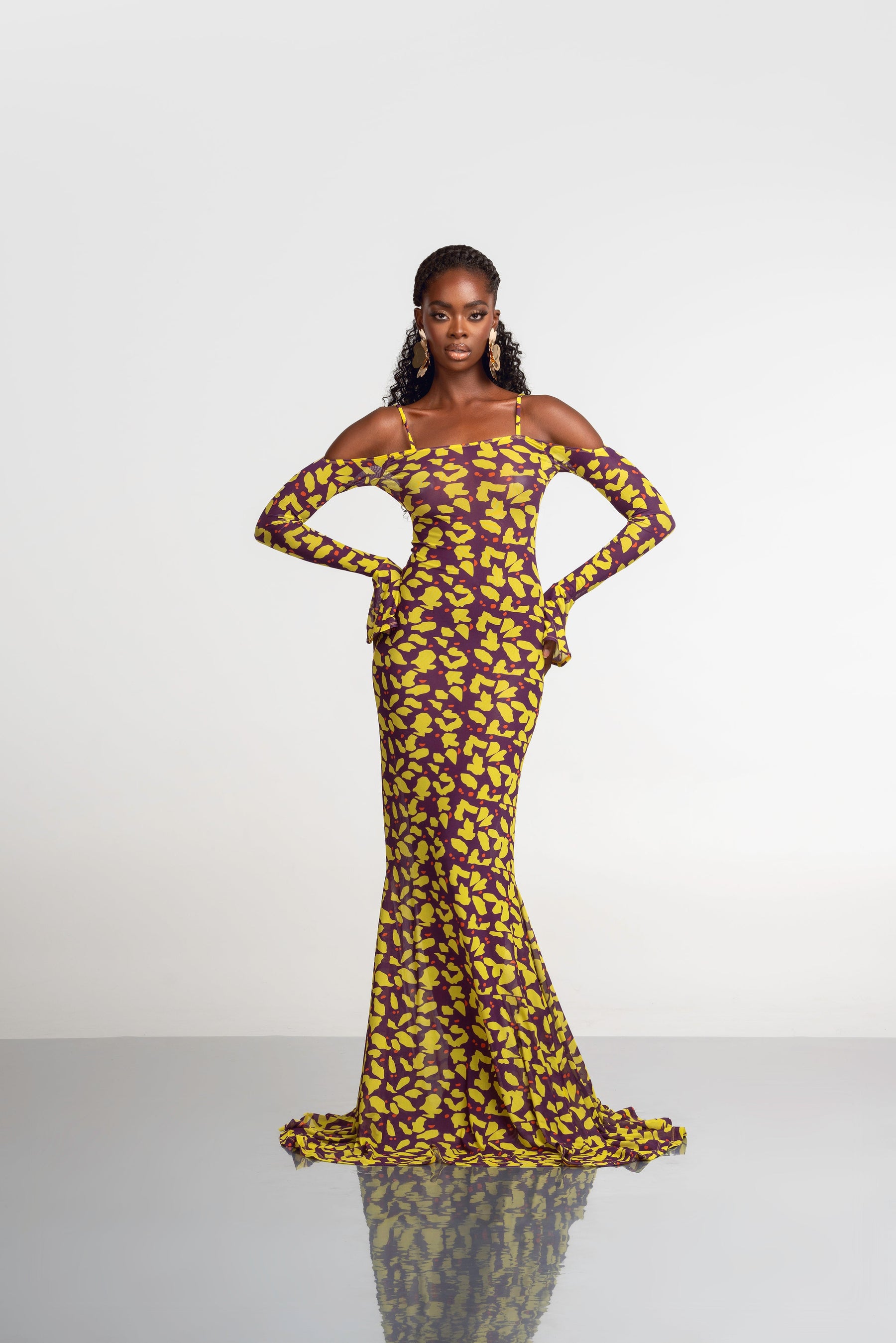 SAKI OFF SHOULDER MAXI MESH DRESS