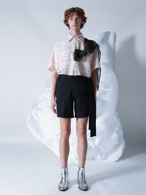 Green-stoled Pink Tweed Boxy Short Shirt