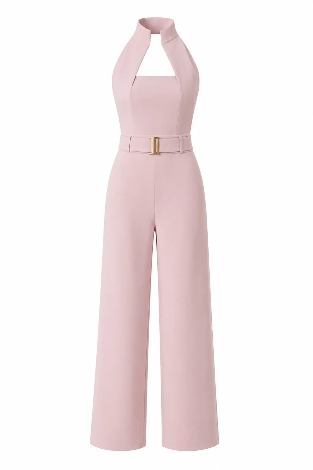 Salmon Pink High-collar Jumpsuit – Gold Buckle