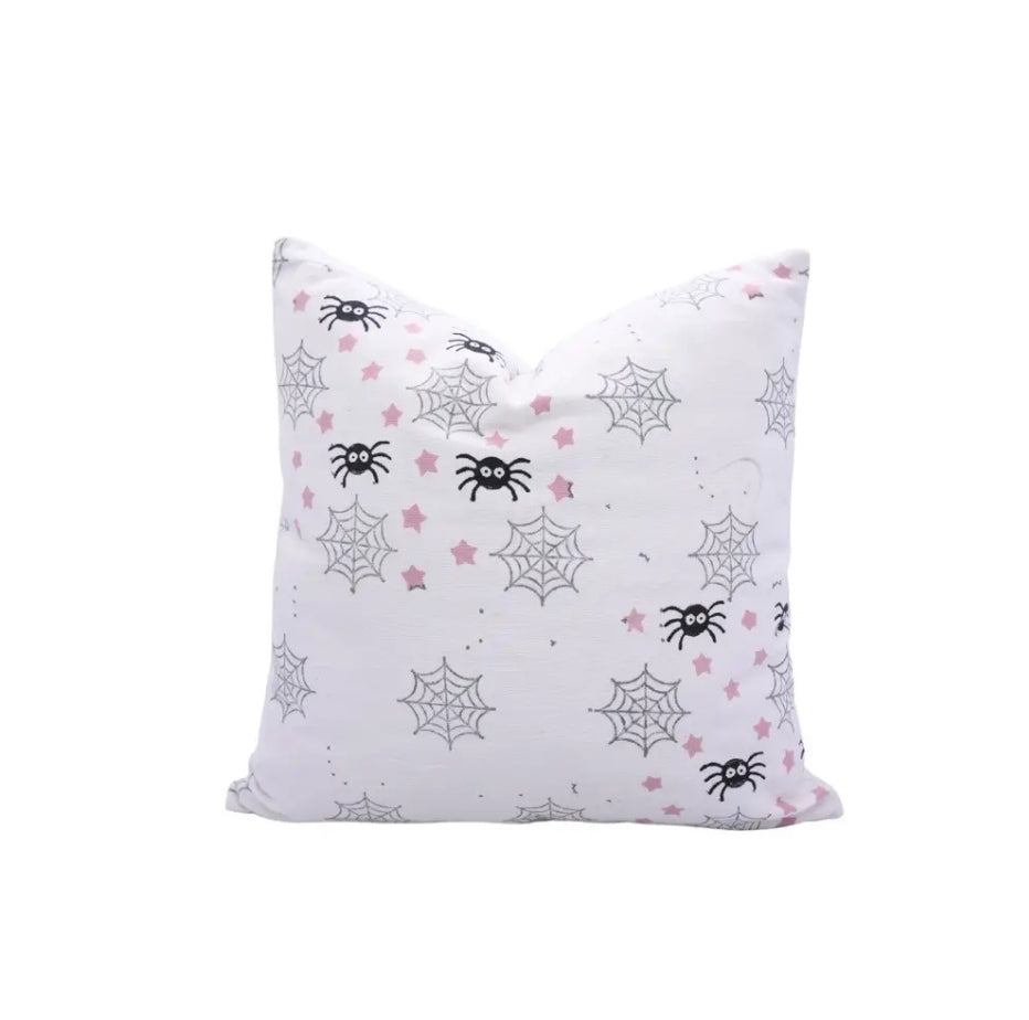 Hallowen Design  Handmade Block Print Thick Cotton White Pillow Cover -Spider Web