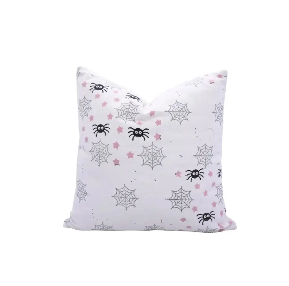 Hallowen Design  Handmade Block Print Thick Cotton White Pillow Cover -Spider Web