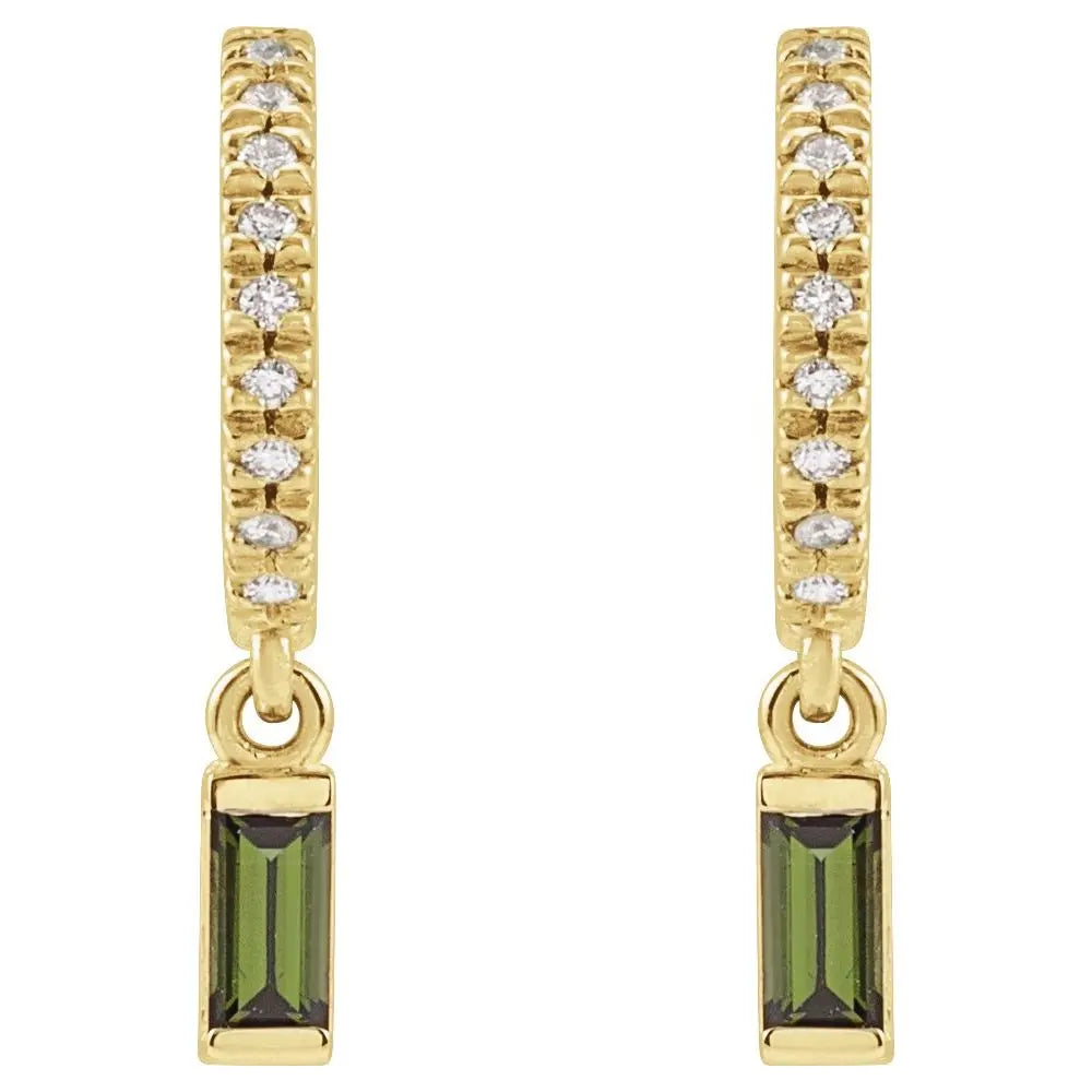 Tourmaline & .08 CT Natural Diamond Hoops in 14K Gold