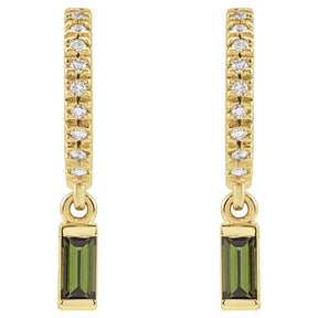 Tourmaline & .08 CT Natural Diamond Hoops in 14K Gold