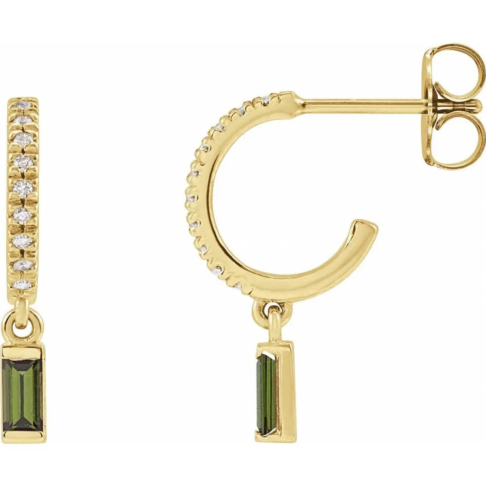 Tourmaline & .08 CT Natural Diamond Hoops in 14K Gold
