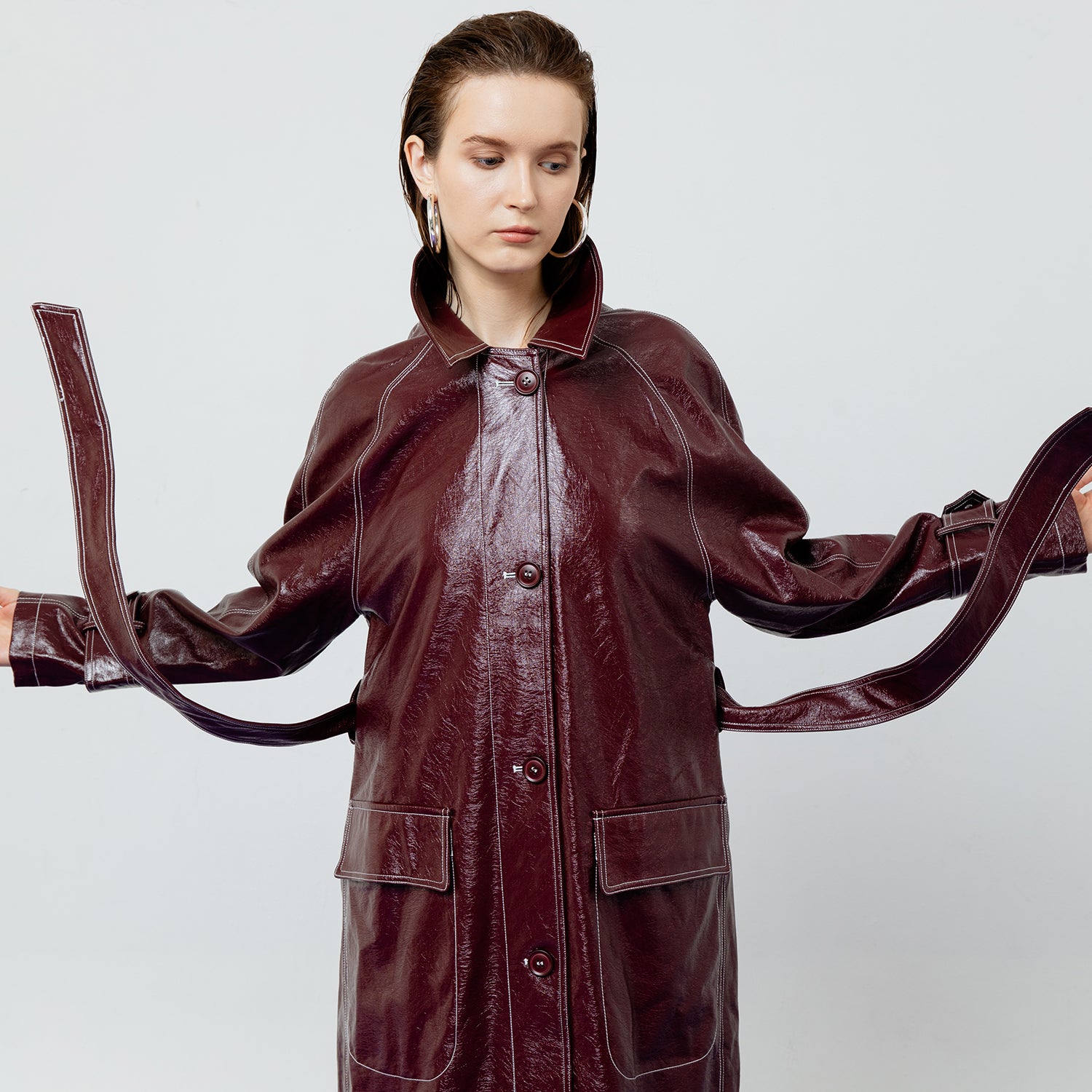 BRIA LEATHER MAROON TRENCH COAT