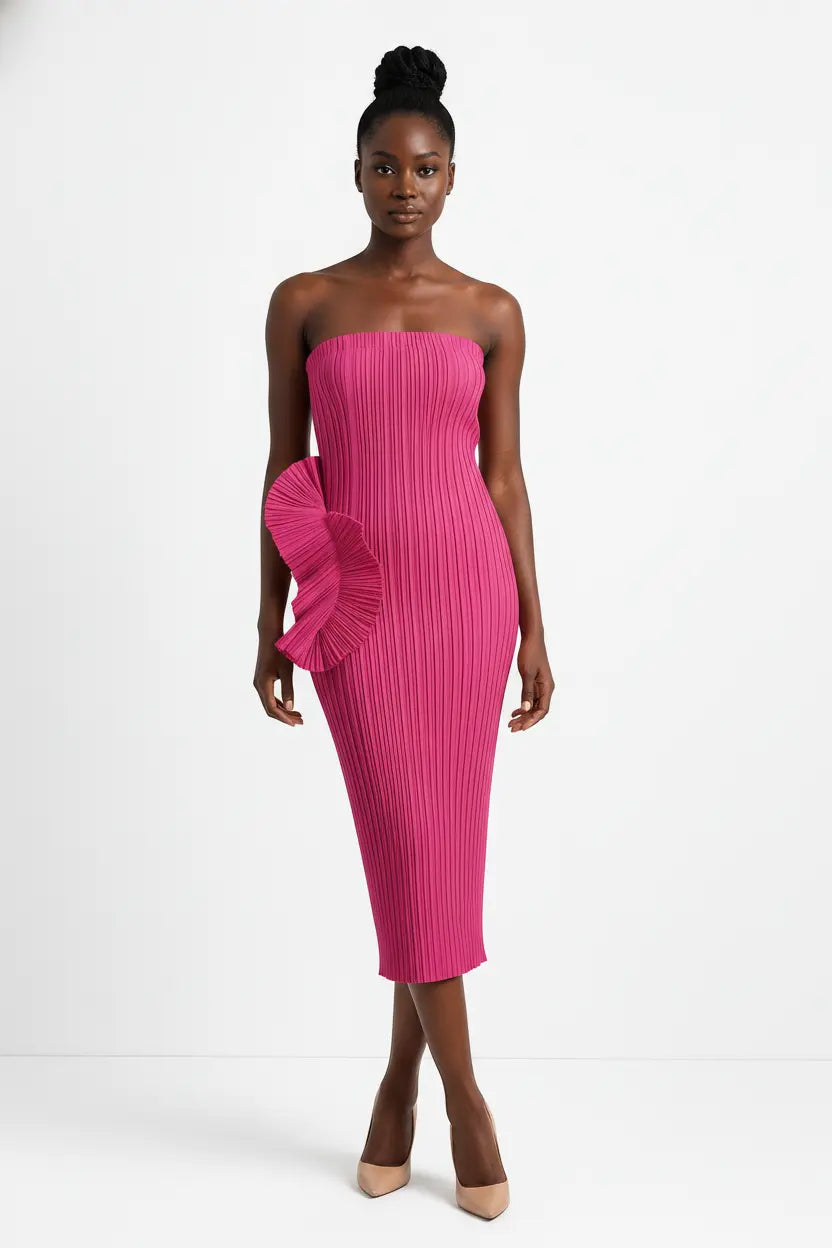 Ghia Sculptural Ruffle Pleated Midi Dress