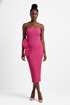 Ghia Sculptural Ruffle Pleated Midi Dress