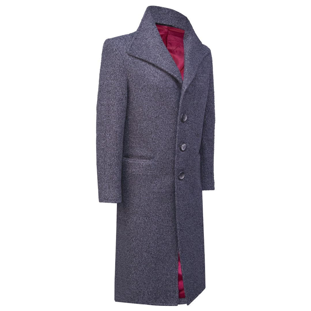 Textured gray coat with oversized lapels