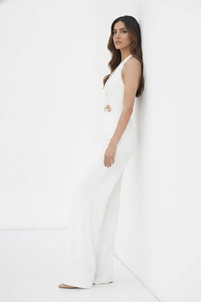 Ivory Halter Jumpsuit – Gold Brooch