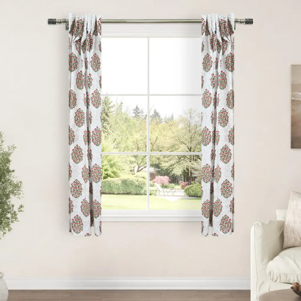 Gudhal Semi Sheer Floral Block Print Linen Curtain