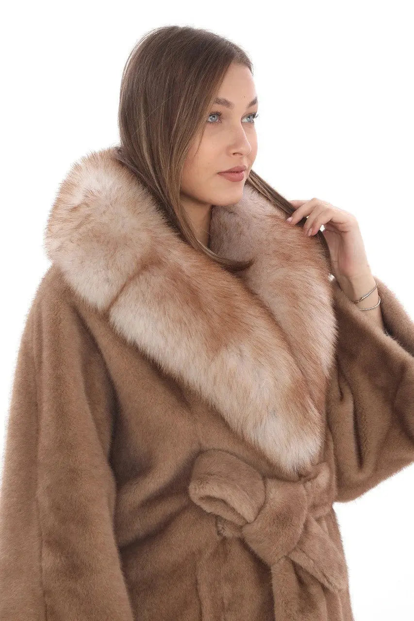 Exclusive Natural Tan Fox Fur Coat with Belted Waist