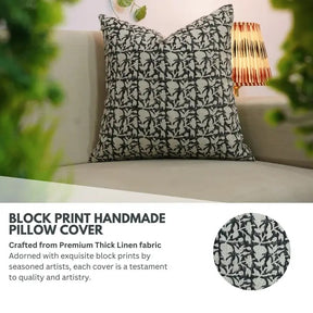Artisan Hand Block Printed DesignThick Linen Pillow Cover- Midnight
