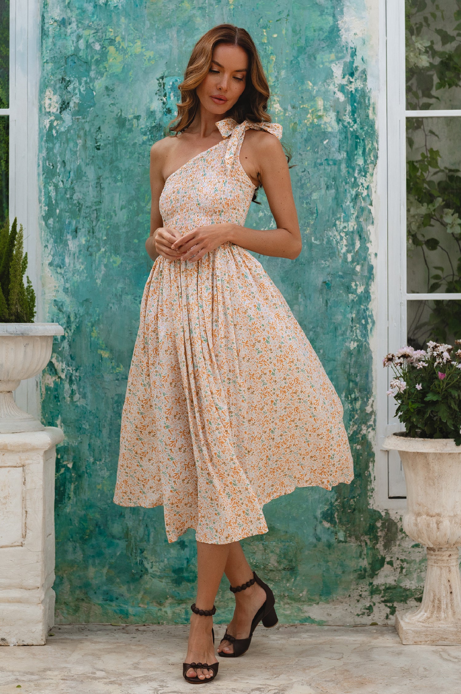 Sienna One-Shoulder Shirred Dress - Tuscan Sun