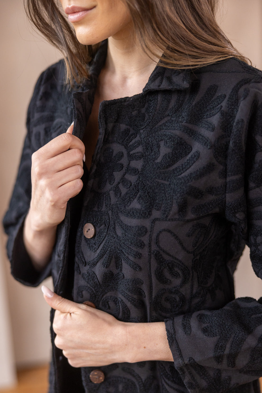 Malika Coats - Black with Black Embroidery