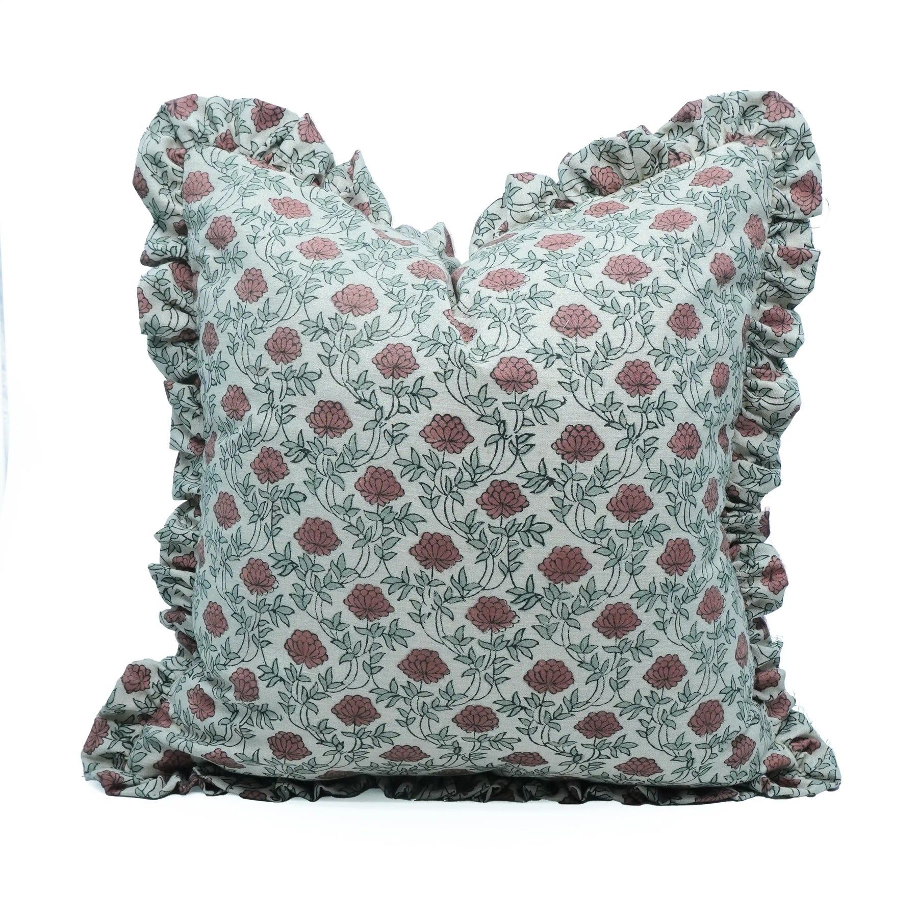 Handmade Red Floral Block Print Linen Blend Pillow Cover - Khubsoorat