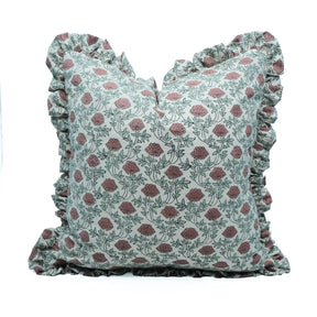 Handmade Red Floral Block Print Linen Blend Pillow Cover - Khubsoorat