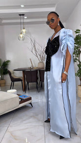 Blue kimono with black bow sequin and wide leg pant set.