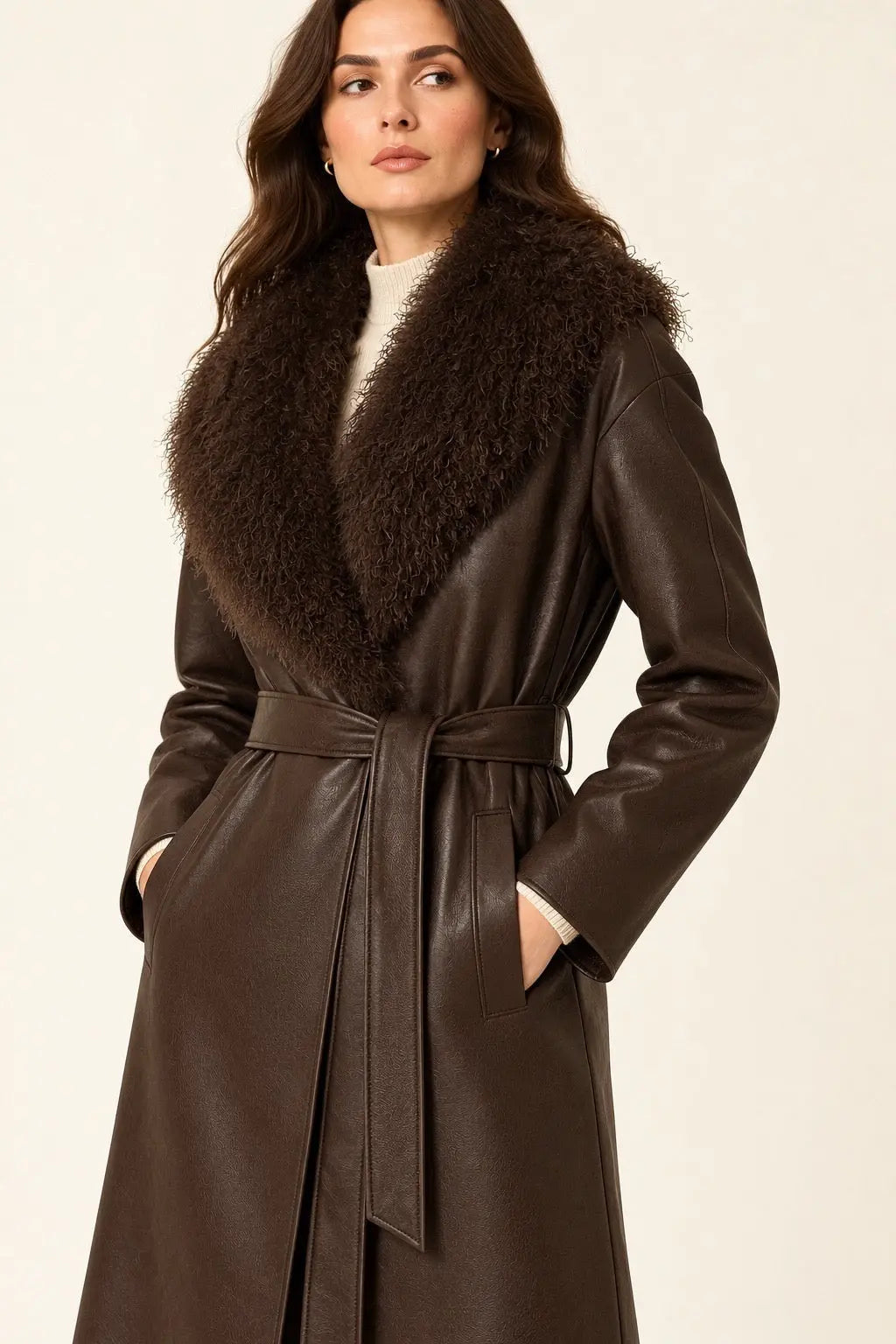 LeDark Brown Leather Trench Coat with Faux Fur Collarather