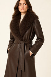 LeDark Brown Leather Trench Coat with Faux Fur Collarather