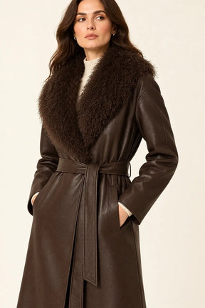 LeDark Brown Leather Trench Coat with Faux Fur Collarather