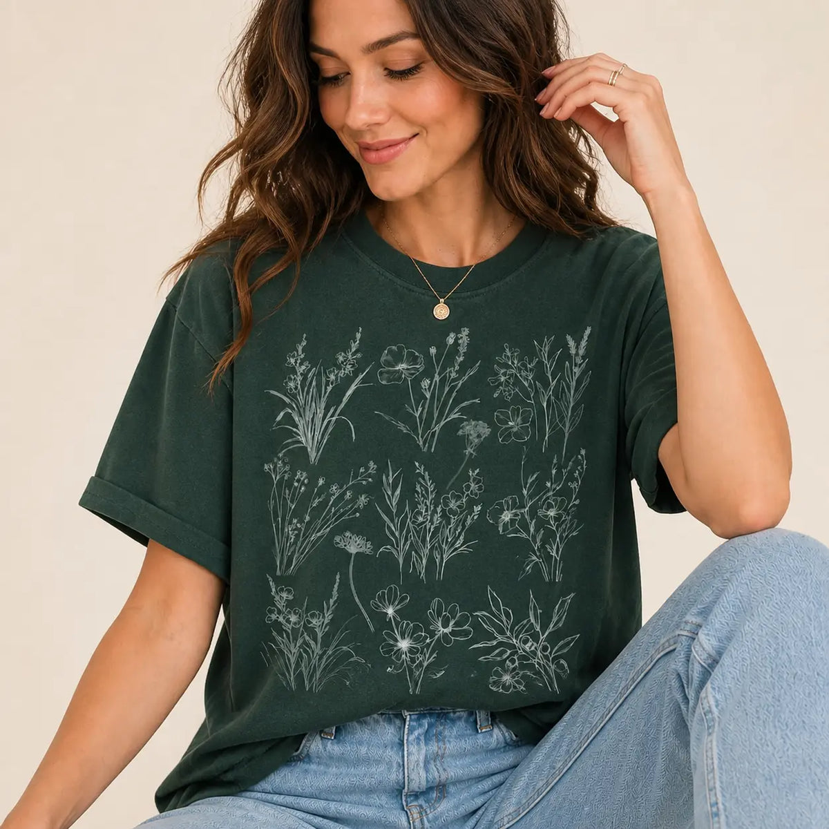 Forest Green Wildflower Botanical Graphic Tee