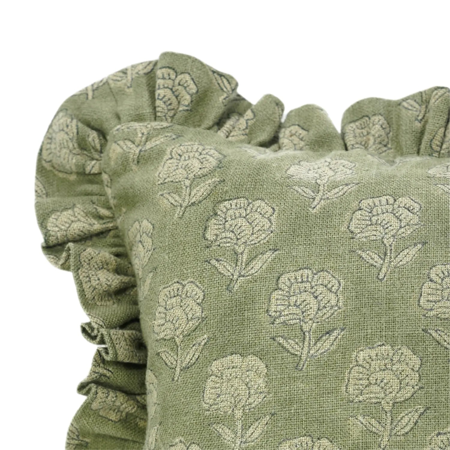 Hand Block Floral Frill Decorative Thick Linen Pillow Cover - Rohini