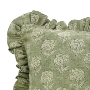 Hand Block Floral Frill Decorative Thick Linen Pillow Cover - Rohini