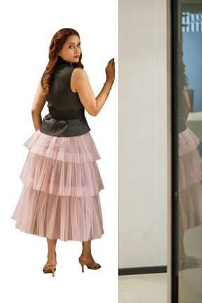 Salmon Pink Layer Skirt & Black Waistcoat – A Chic Contrast
