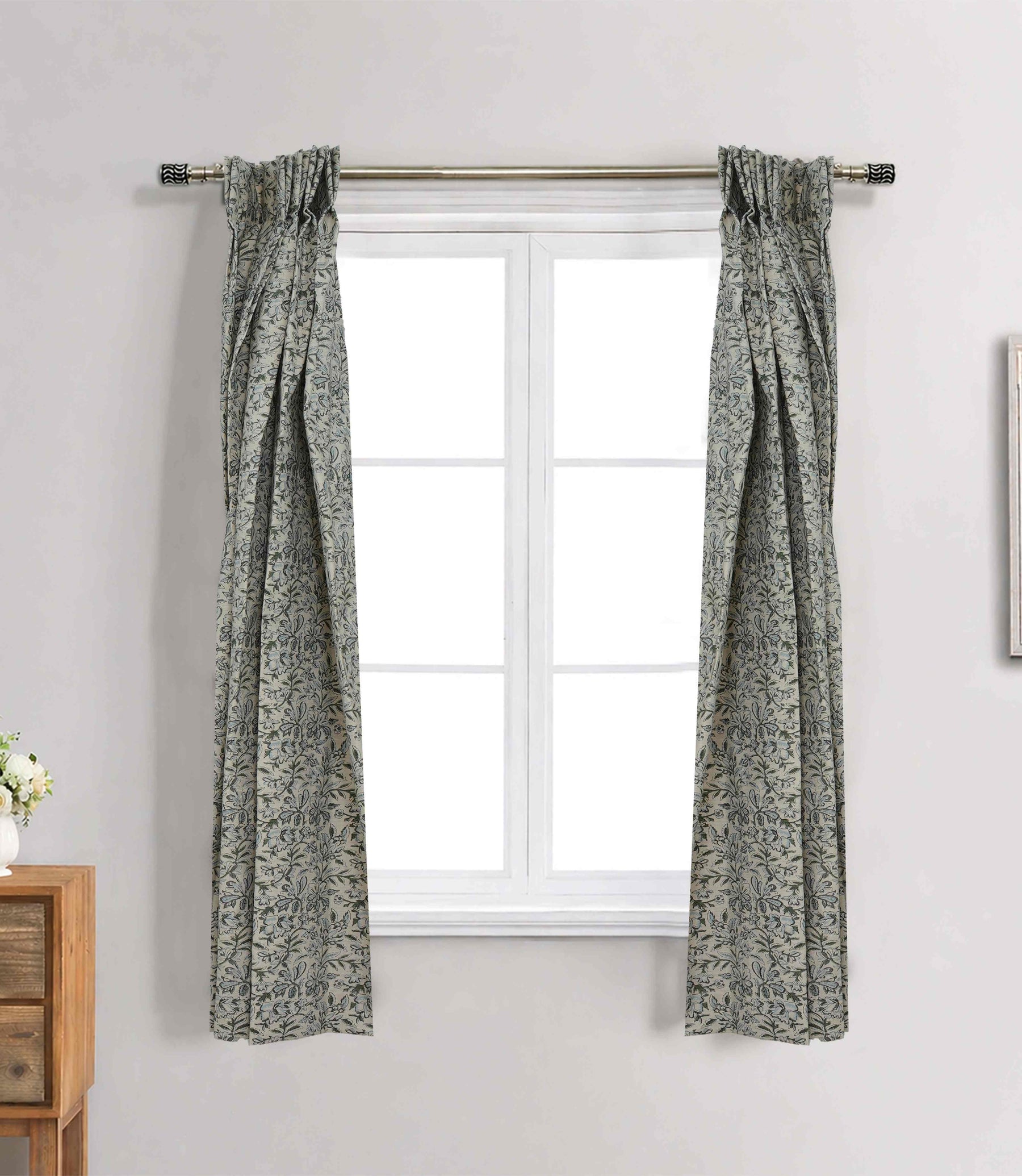 Handcrafted Floral Block Print Pleated Gray Linen Blend Ring Curtain - Semi Seer Qudrat