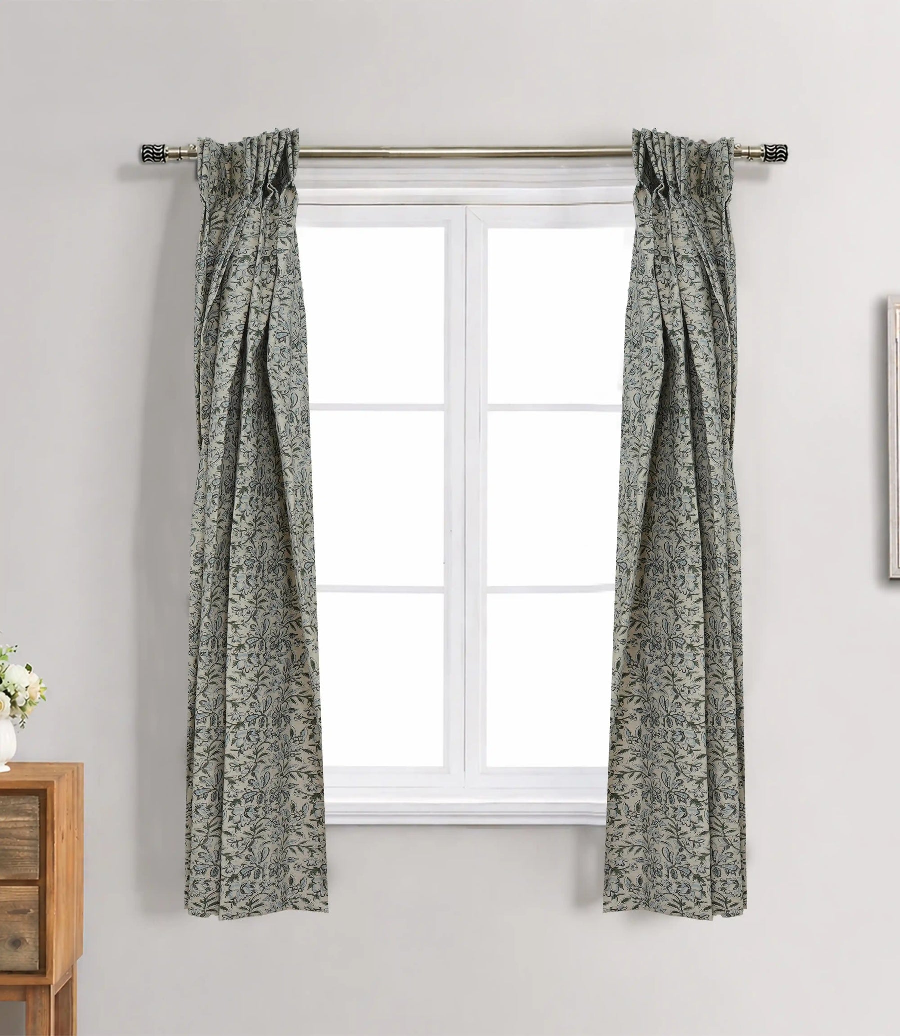 Handcrafted Floral Block Print Pleated Gray Linen Blend Ring Curtain - Semi Seer Qudrat