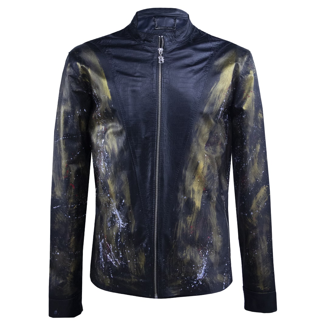 Black leather jacket with textured cut and gold paint details