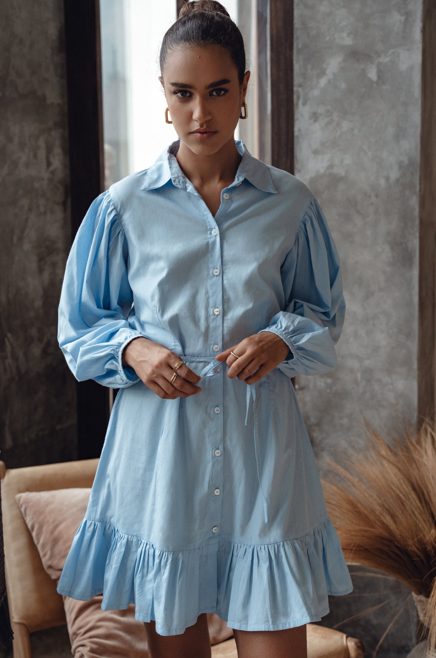 Malina Button Down Cotton Mini Dress - Light Blue