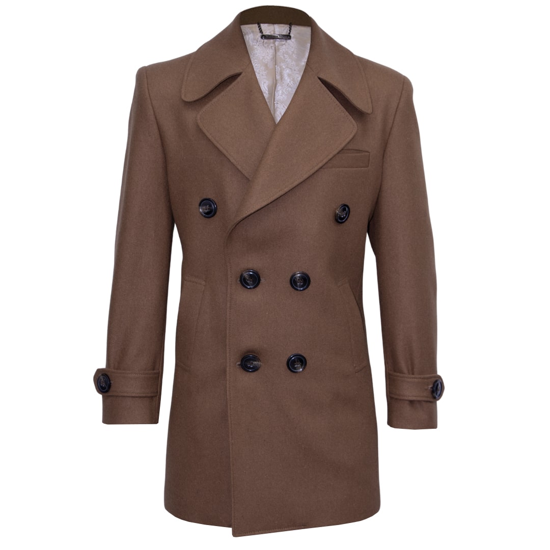 Brown double-breasted coat with wide lapels.