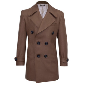 Brown double-breasted coat with wide lapels.